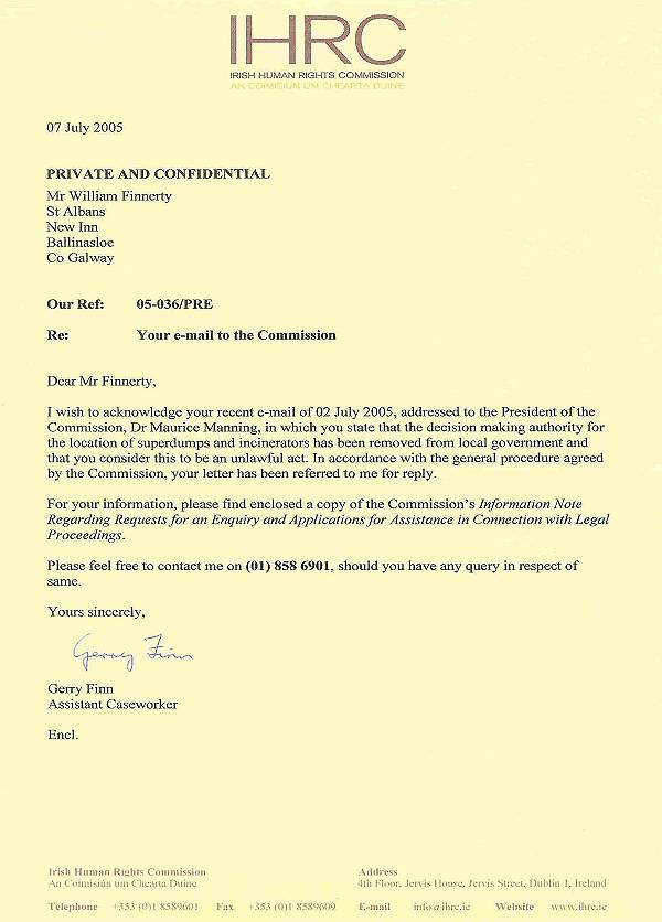 Irish Human Rights Commission letter dated July 7th 2005 to William Finnerty
