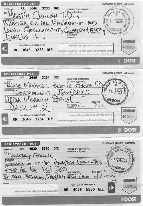 Post Office receipts for 3 registered letters (all dated July 11th 2003) requesting an investigation into corruption.