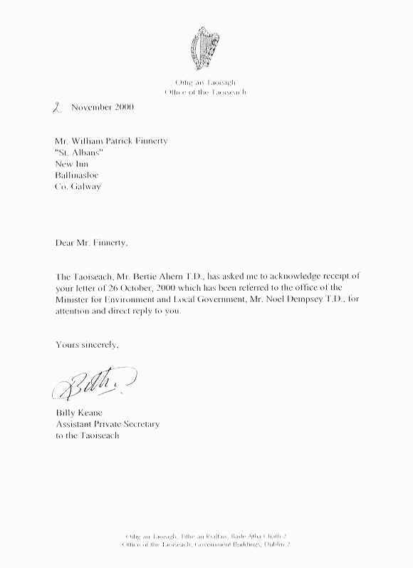 Copy of letter from Prime Minister Ahern's Office dated November 2nd 2000