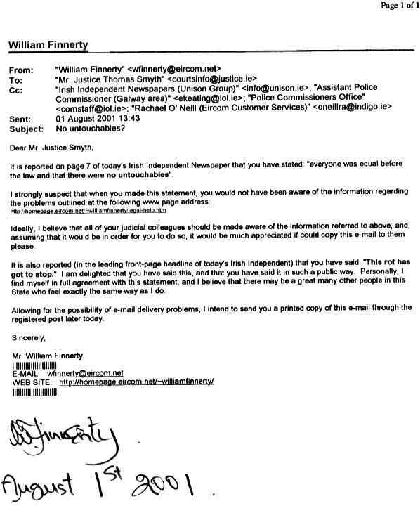 Scanned copy of letter sent through the registered post to Mr. Justice Thomas Smyth on August 1st 2001.