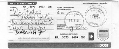 Registration slip for letter sent to Mr. Justice Thomas Smyth (please see scanned copy below).